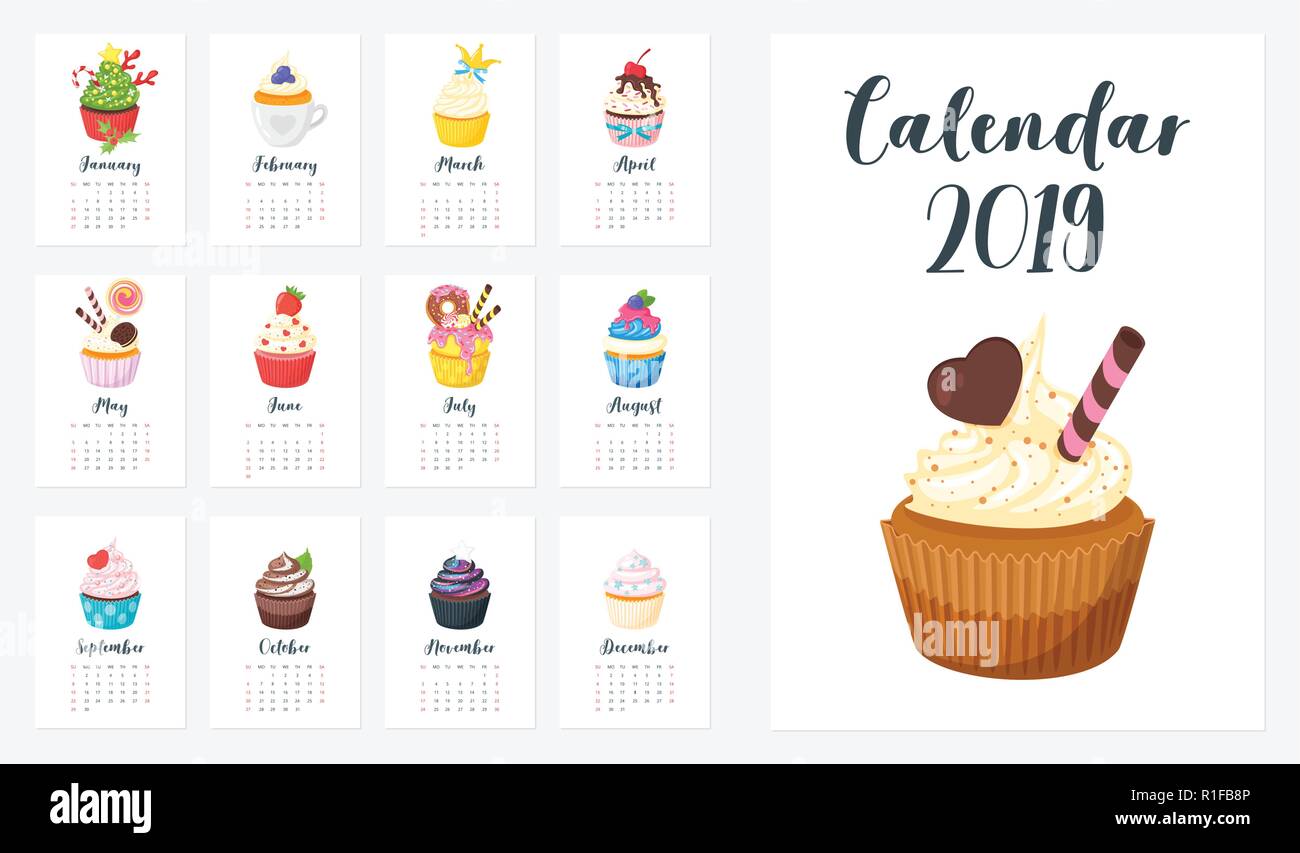 2019 year monthly calendar of all month. Vector cartoon style template ...