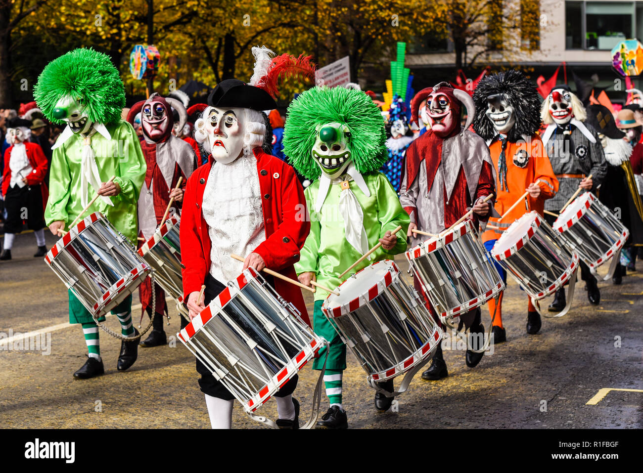 Rotstab Clique Liestal drummers at the Lord Mayor's Show Parade, London. From the Liestal Carnival, Baselland, Switzerland. Bizarre costumes Stock Photo