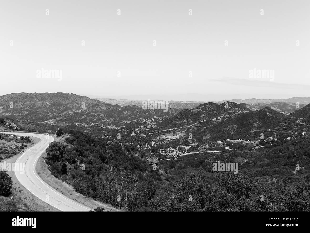 The Mulholland Highway in Los Angeles near Rocky Oaks Park in black and white. Stock Photo