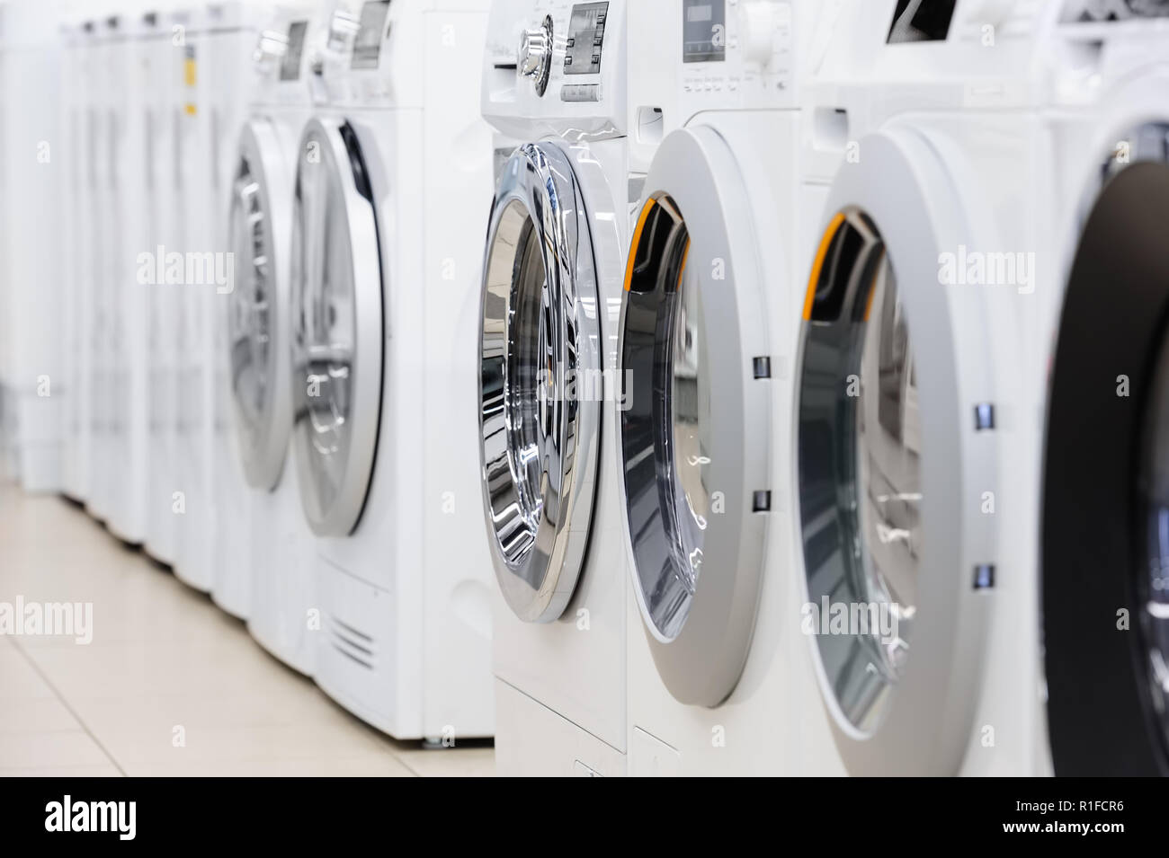 washing mashines in appliance store Stock Photo