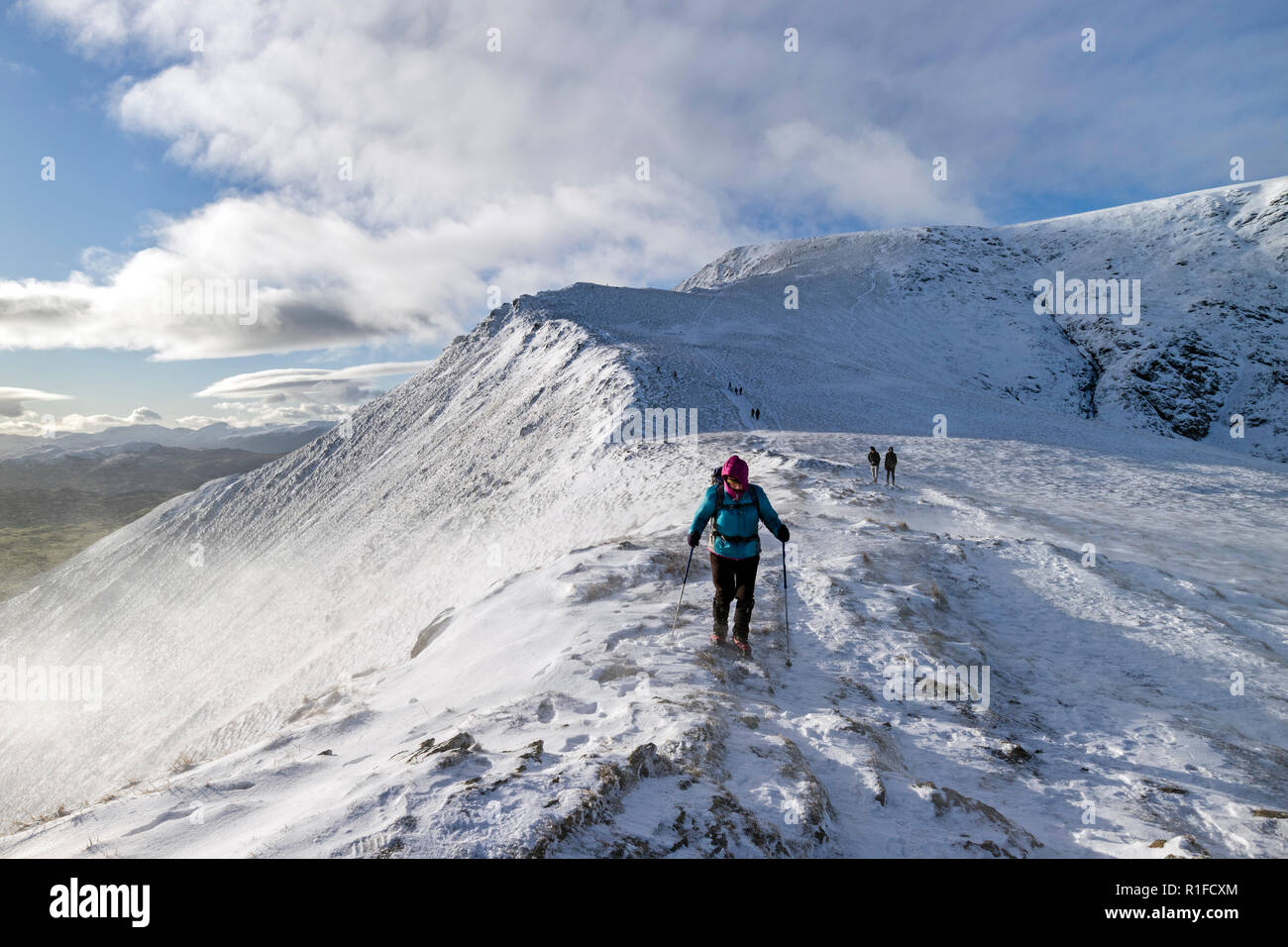 A Walker Descends Scales Fell as Wind Blown Spindrift Streams Past her, Blencathra, in Winter, Lake District, Cumbria, UK Stock Photo
