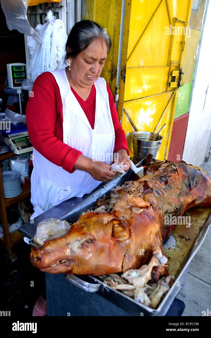 Roasted suckling pig  - HUARAZ. Department of Ancash.PERU                     Stock Photo