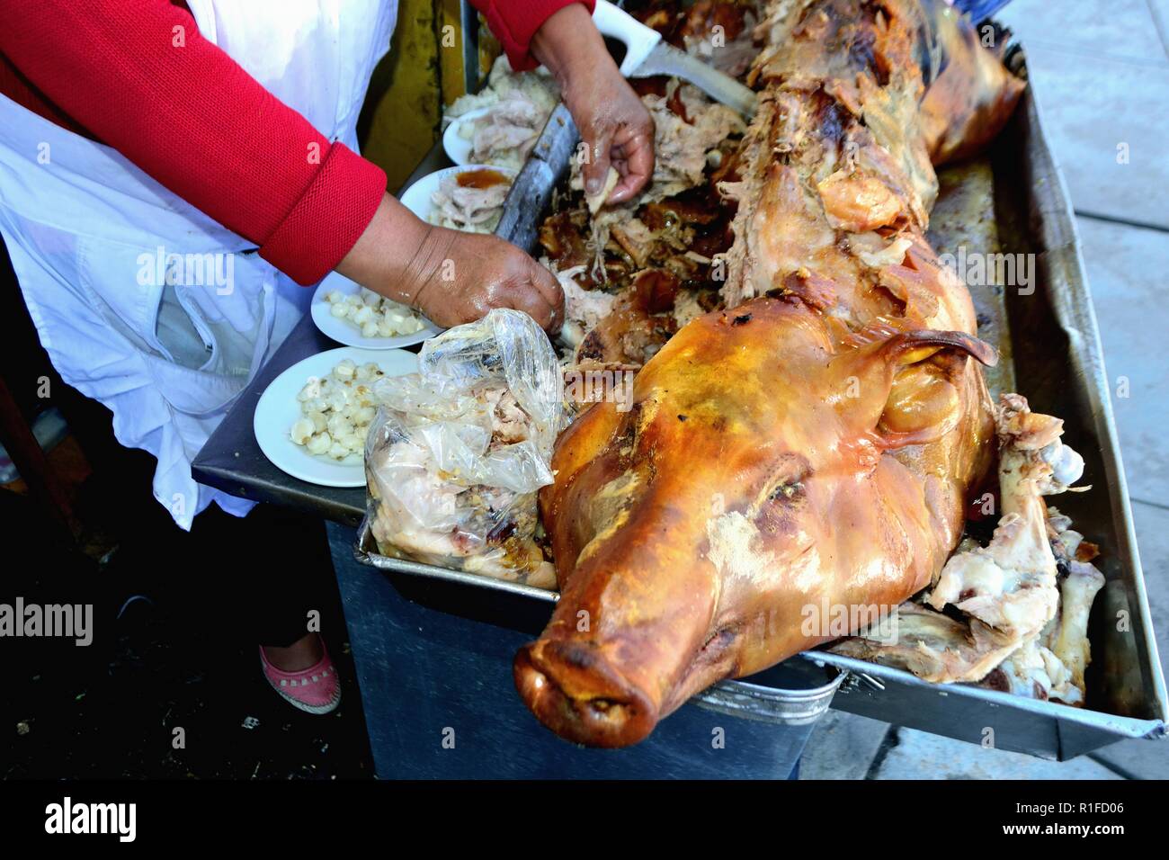 Roasted suckling pig  - HUARAZ. Department of Ancash.PERU                     Stock Photo