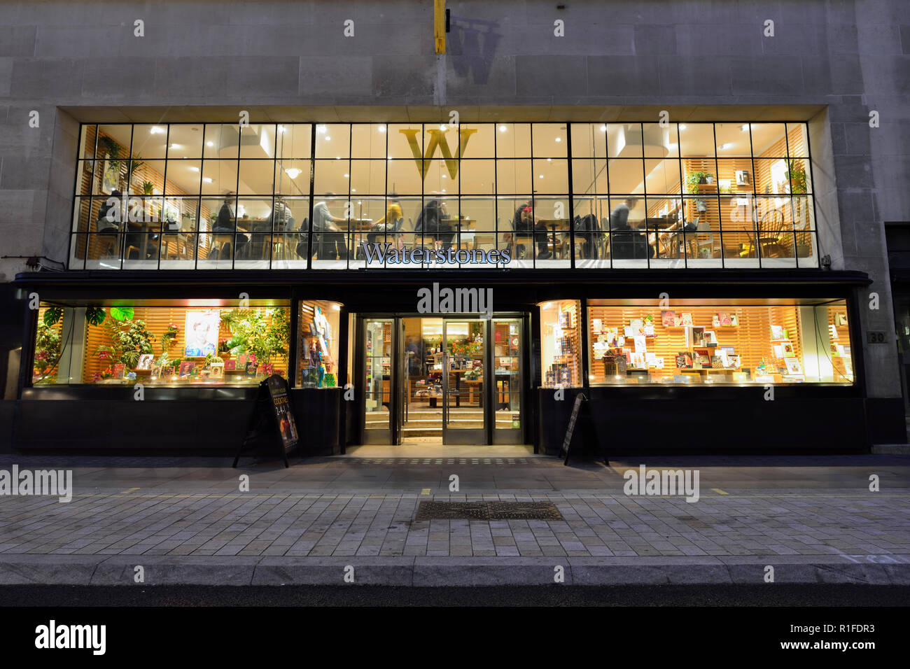 Waterstones book shop in the evening, view from Jermyn Street of the Piccadilly store, United Kingdom Stock Photo