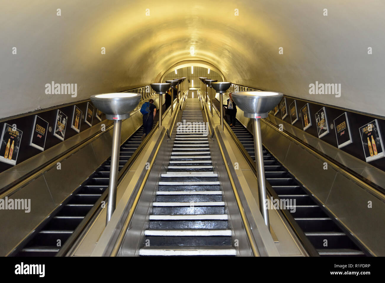 Art Deco Tube underground subway station escalators, Clapham Common, London SW4, United Kingdom Stock Photo