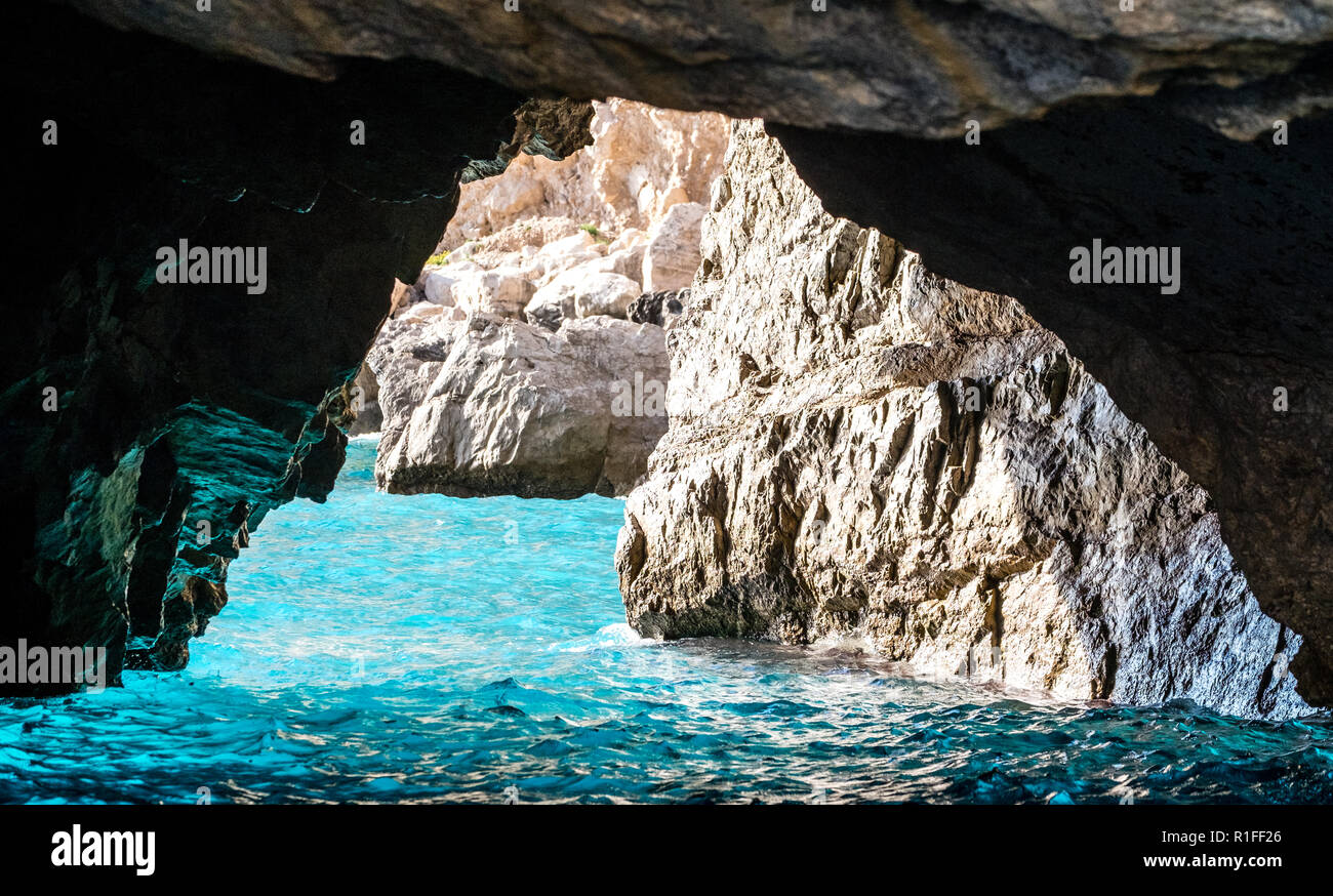 The Green Grotto (also known as The Emerald Grotto), Grotta Verde, on the coast of the island of Capri in the Bay of Naples, Italy. Stock Photo