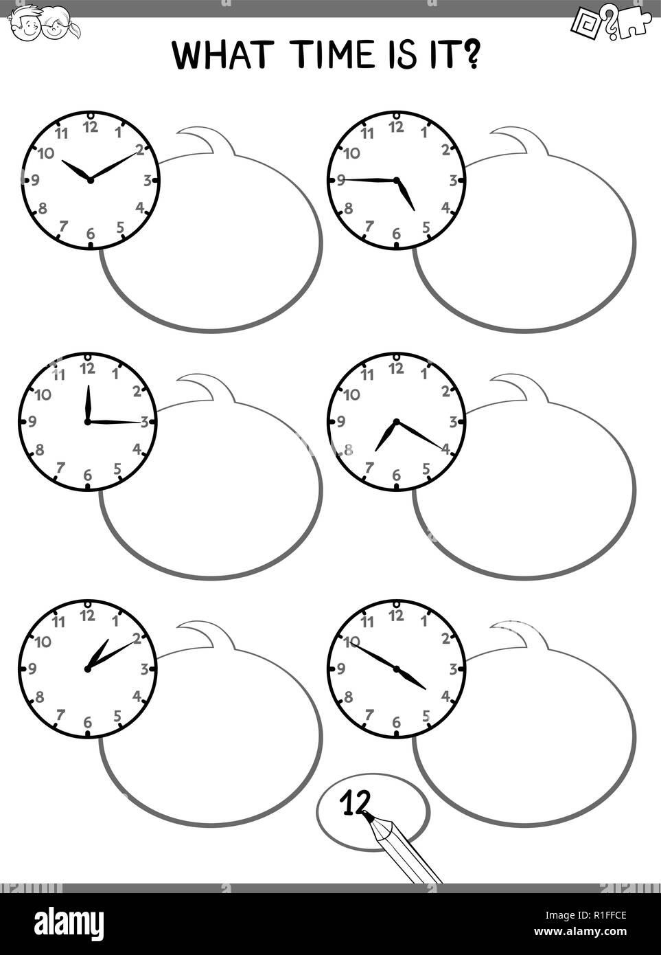 Black and White Cartoon Illustrations of Telling Time Educational Game