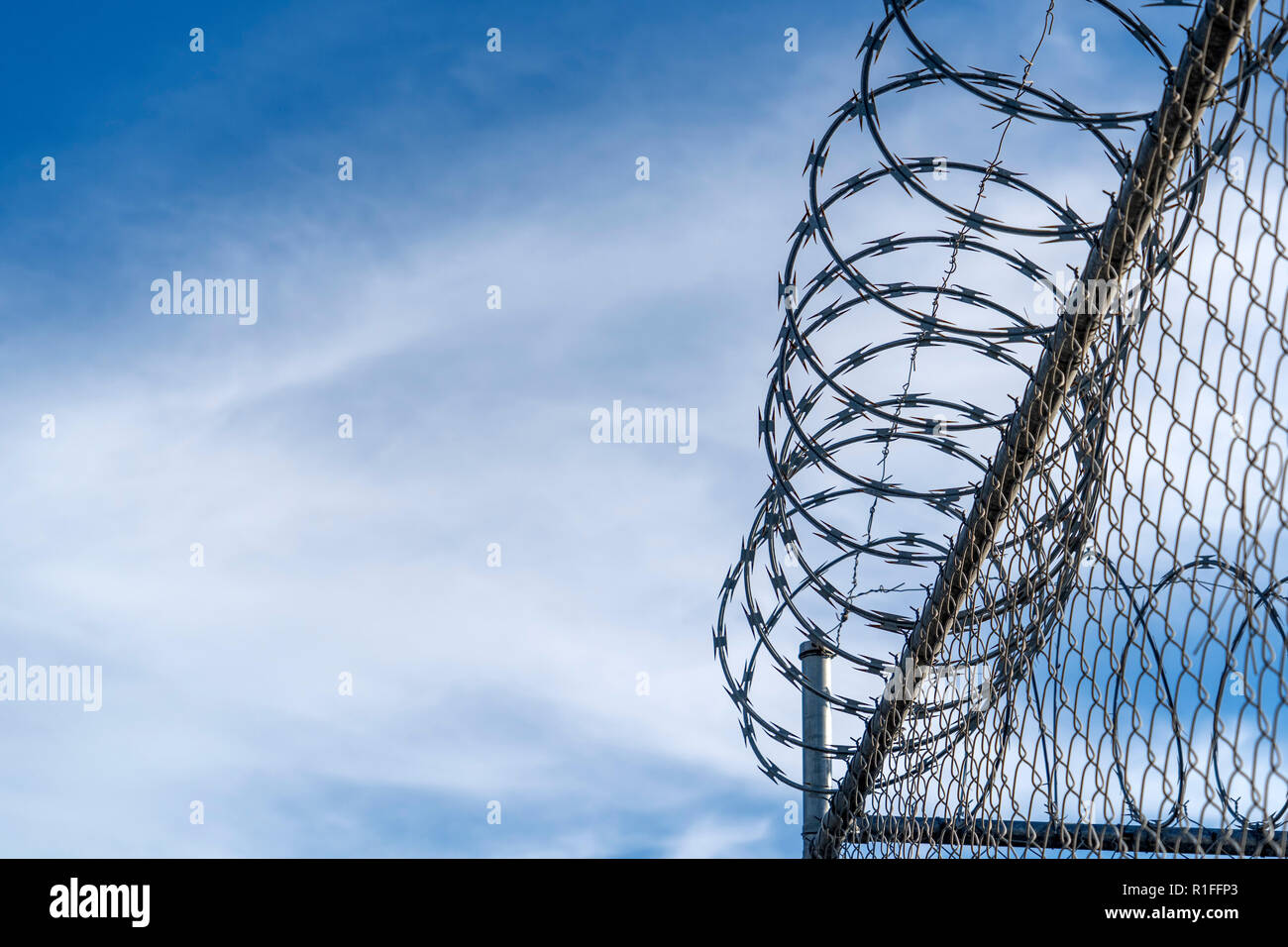 barbed wire fence on blue sky background Stock Photo - Alamy