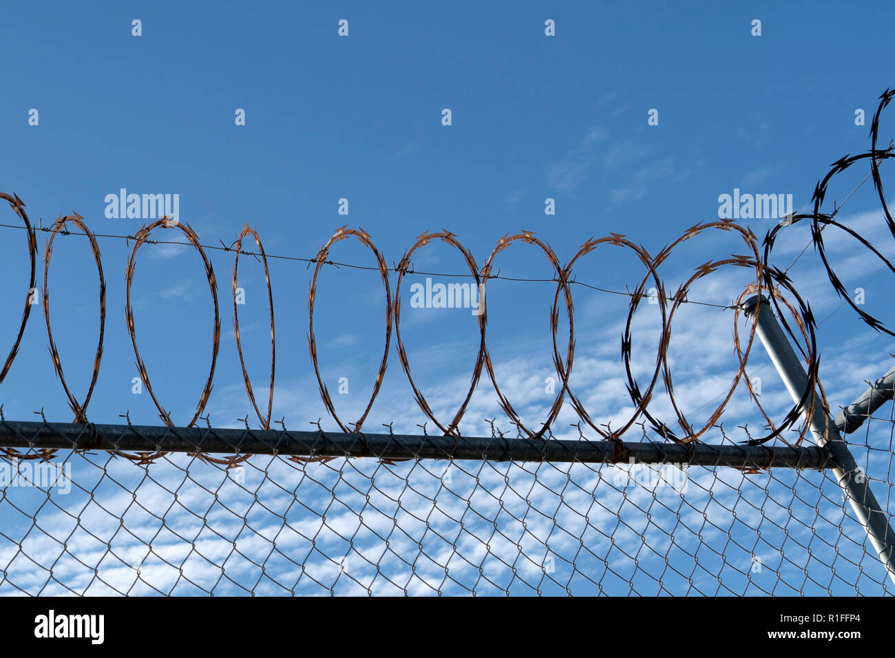 barbed wire fence on blue sky background Stock Photo - Alamy