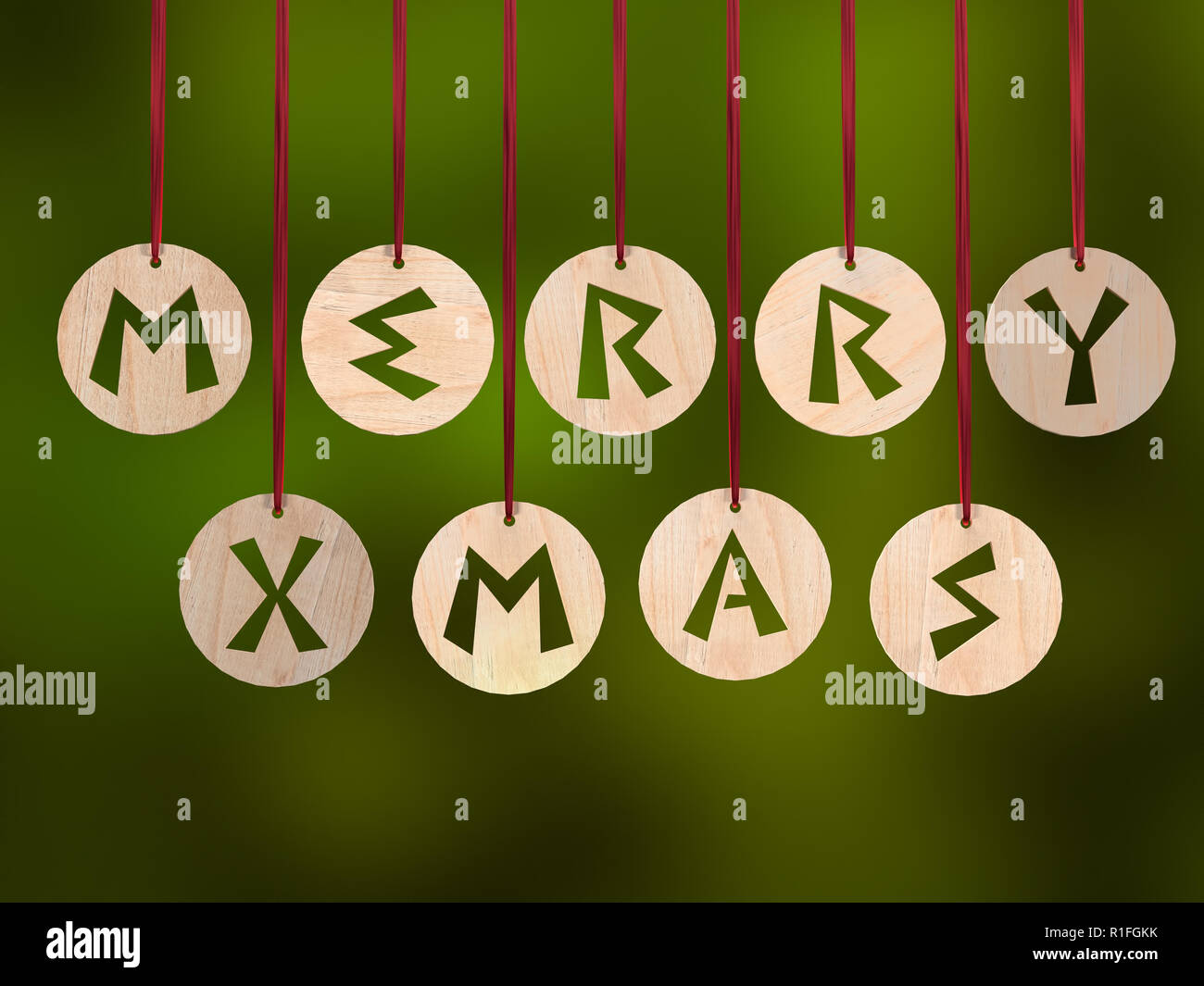 3D render of wooden ringlets with cut out Merry Xmas greeting over green background Stock Photo