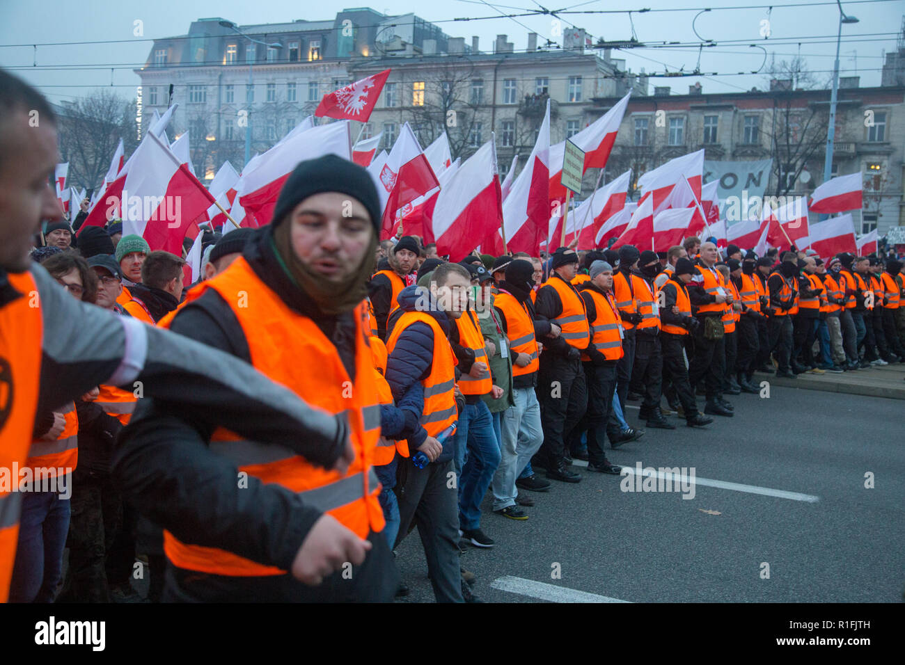 Warsaw, Poland, 11 November 2018: Celebrations of Polish Independence Day in a mass march that gathered more than 200 thousand people Stock Photo