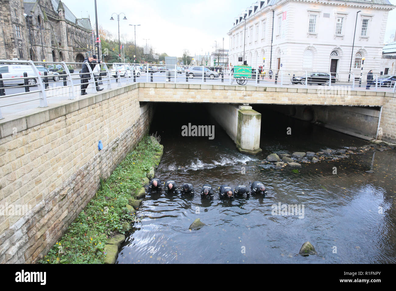 Rochdale, Lancashire, UK. 12th November, 2018. The Northwest Police  Underwater Search and Marine Unit are conducting a search of the River Roche in Rochdale town center.  Currently there is no information been released suggesting what they are searching for.  Rochdale, UK, 12th November 2018 (C)Barbara Cook/Alamy Live News Stock Photo