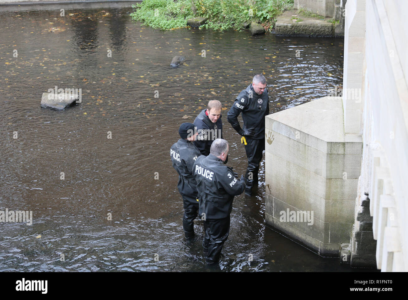 Rochdale, Lancashire, UK. 12th November, 2018. The Northwest Police  Underwater Search and Marine Unit are conducting a search of the River Roche in Rochdale town center.  Currently there is no information been released suggesting what they are searching for.  Rochdale, UK, 12th November 2018 (C)Barbara Cook/Alamy Live News Stock Photo