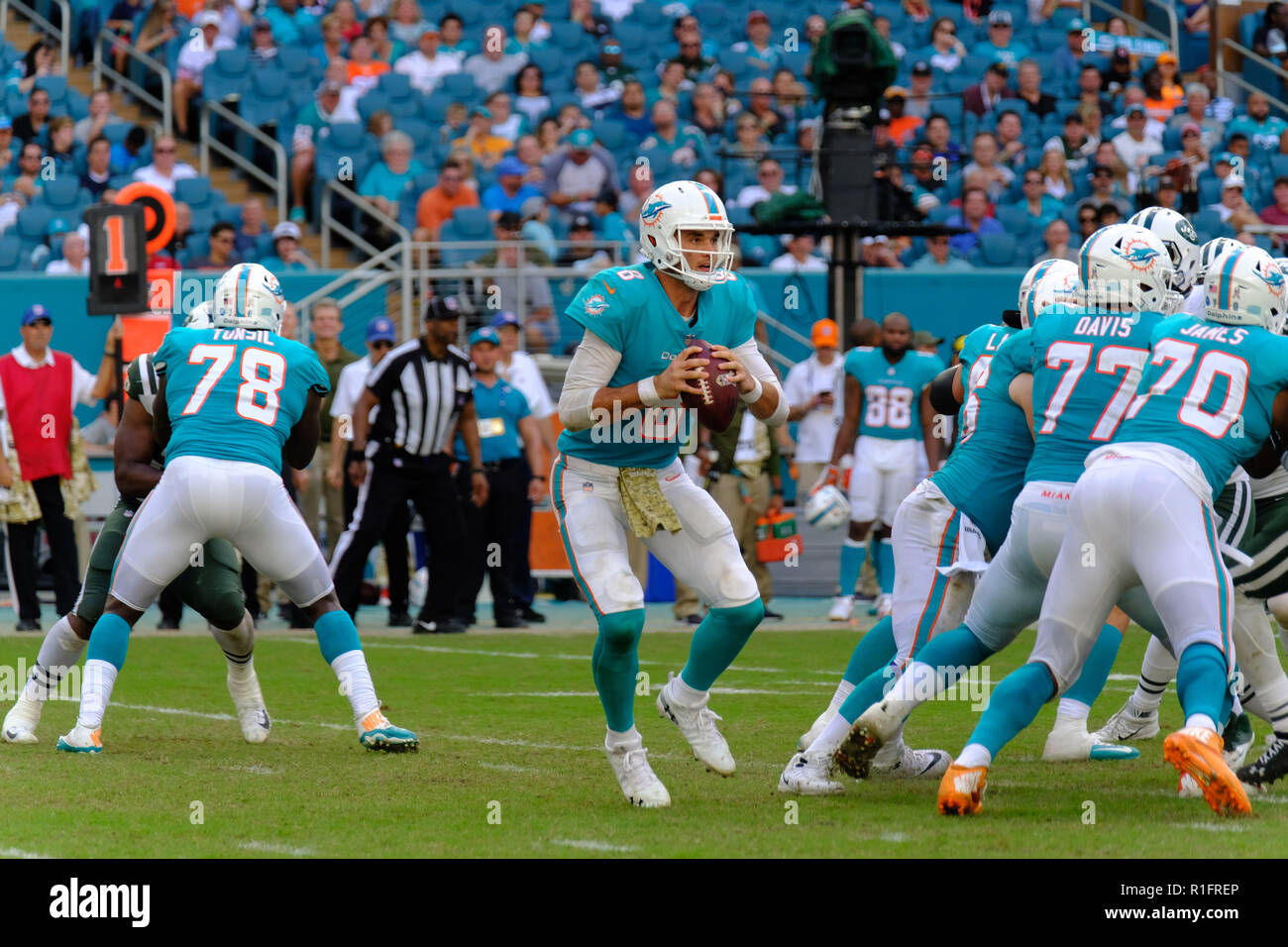 November 4, 2018: Brock Osweiler #8 of Miami during the NFL football game between the Miami Dolphins and New York Jets at Hard Rock Stadium in Miami Gardens FL. The Dolphins defeated the Jets 13-6. Stock Photo