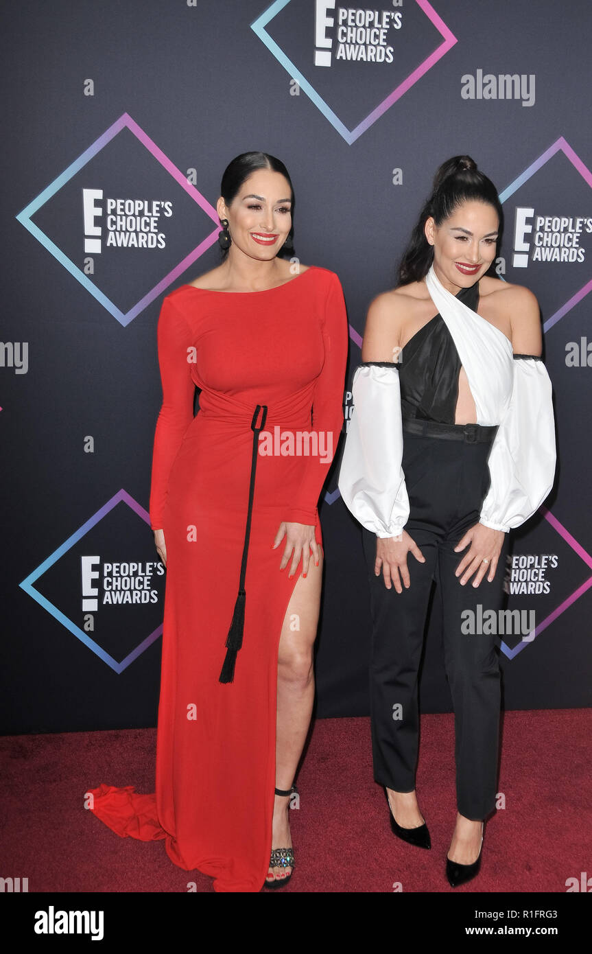 Wrestlers Nikki Bella (L) and Brie Bella arrive for the 44th annual E!  People's Choice Awards at the Barker Hangar in Santa Monica, California on  November 11, 2018. Photo by Jim Ruymen/UPI