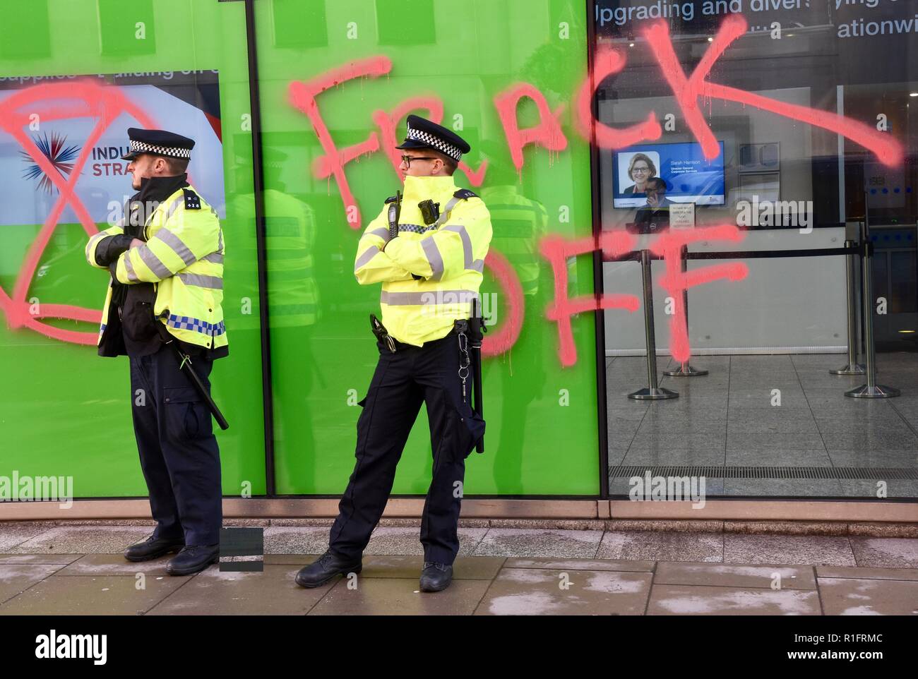 12th November, 2018. Spray paint message on the Department for Business,Energy and Industrial Strategy,Climate Change Protest organised by Extinction Rebellion,A day of civil disobedience is planned for this Saturday,Victoria Street,London.UK Credit: michael melia/Alamy Live News Stock Photo