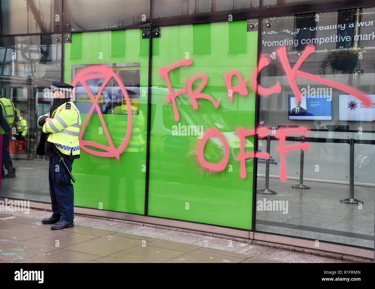 12th November, 2018. Spray paint message on the Department for Business,Energy and Industrial Strategy,Climate Change Protest organised by Extinction Rebellion,A day of civil disobedience is planned for this Saturday,Victoria Street,London.UK Credit: michael melia/Alamy Live News Stock Photo