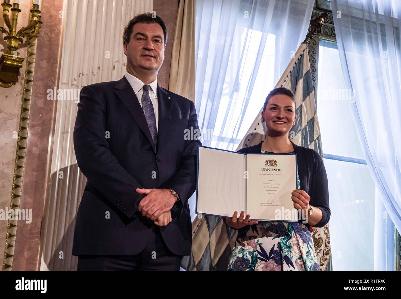 November 12, 2018 - Munich, Bavaria, Germany - Judith Gerlach, MdL Staatsminister fÃ¼r Digitales, Medien und Europa. Minister President of Bavaria MARKUS SOEDER presented the new members of his cabinet at Prinz Carl Palais.  Dr. Soeder was confirmed as Minister President on Nov. 6th and is the successor to Horst Seehofer. (Credit Image: © Sachelle Babbar/ZUMA Wire) Stock Photo