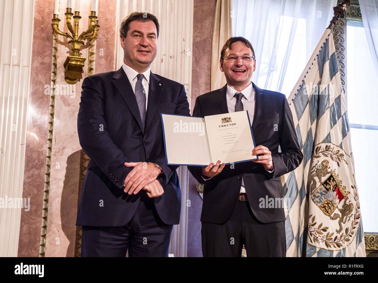 November 12, 2018 - Munich, Bavaria, Germany - Dr. Hans Reichhart Staatsministerin fÃ¼r Wohnen, Bau und Verkehr. Minister President of Bavaria MARKUS SOEDER presented the new members of his cabinet at Prinz Carl Palais.  Dr. Soeder was confirmed as Minister President on Nov. 6th and is the successor to Horst Seehofer. (Credit Image: © Sachelle Babbar/ZUMA Wire) Stock Photo