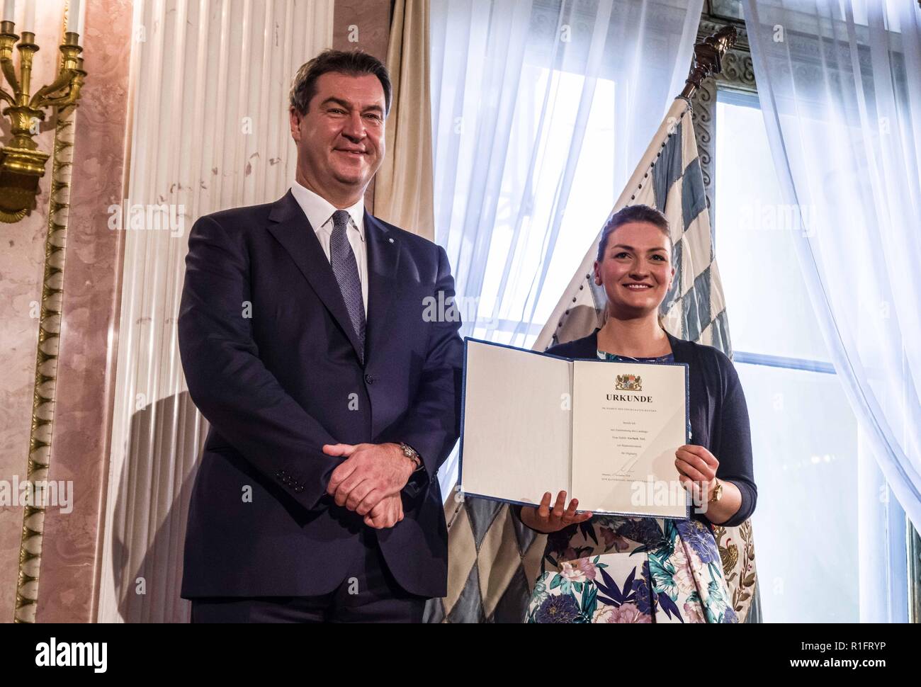 November 12, 2018 - Munich, Bavaria, Germany - Judith Gerlach, MdL Staatsminister fÃ¼r Digitales, Medien und Europa. Minister President of Bavaria MARKUS SOEDER presented the new members of his cabinet at Prinz Carl Palais.  Dr. Soeder was confirmed as Minister President on Nov. 6th and is the successor to Horst Seehofer. (Credit Image: © Sachelle Babbar/ZUMA Wire) Stock Photo