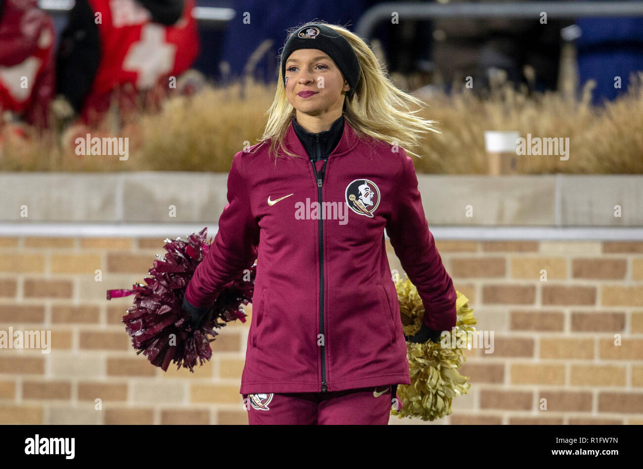 South Bend, Indiana, USA. 10th Nov, 2018. Florida State cheerleader performs during NCAA football game action between the Florida State Seminoles and the Notre Dame Fighting Irish at Notre Dame Stadium in South Bend, Indiana. Notre Dame defeated Florida State 42-13. John Mersits/CSM/Alamy Live News Stock Photo