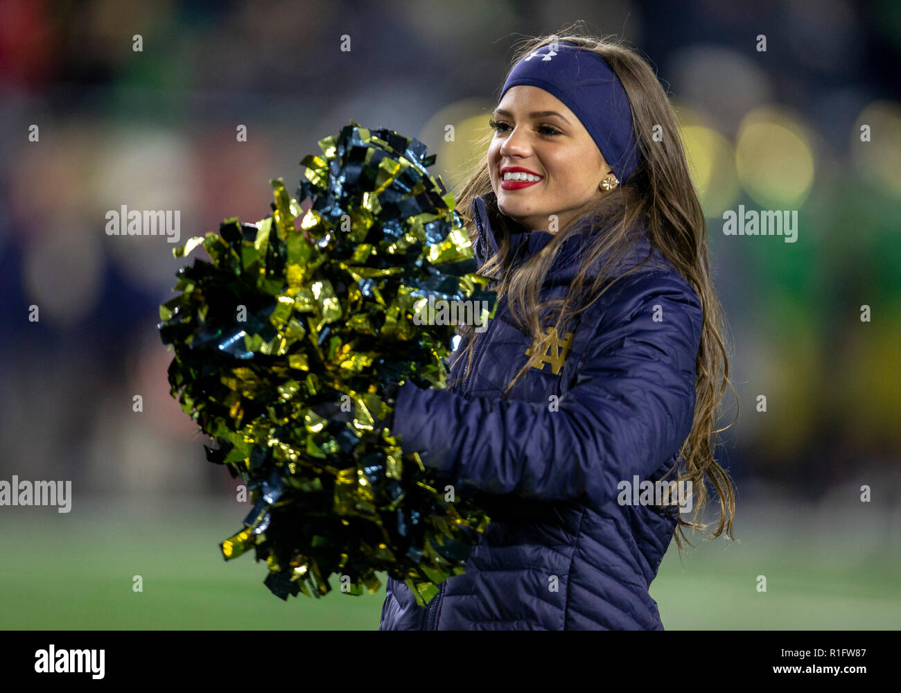 South Bend, Indiana, USA. 10th Nov, 2018. Notre Dame cheerleader performs during NCAA football game action between the Florida State Seminoles and the Notre Dame Fighting Irish at Notre Dame Stadium in South Bend, Indiana. Notre Dame defeated Florida State 42-13. John Mersits/CSM/Alamy Live News Stock Photo