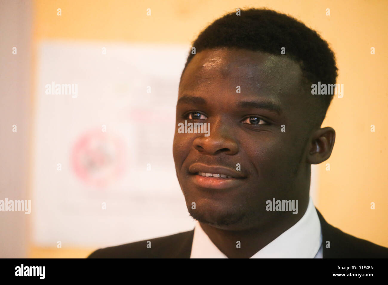 Caserta, Campania, Italy, 12th Nov 2018. School V ¡ educational circle of Caserta first in Italy to include asylum seekers in its staff in photoKone Sonta Iassinam during the presentation speech he will take care of the front office activity in the secretary of the institute Credit: Antonio Balasco/Alamy Live News Stock Photo