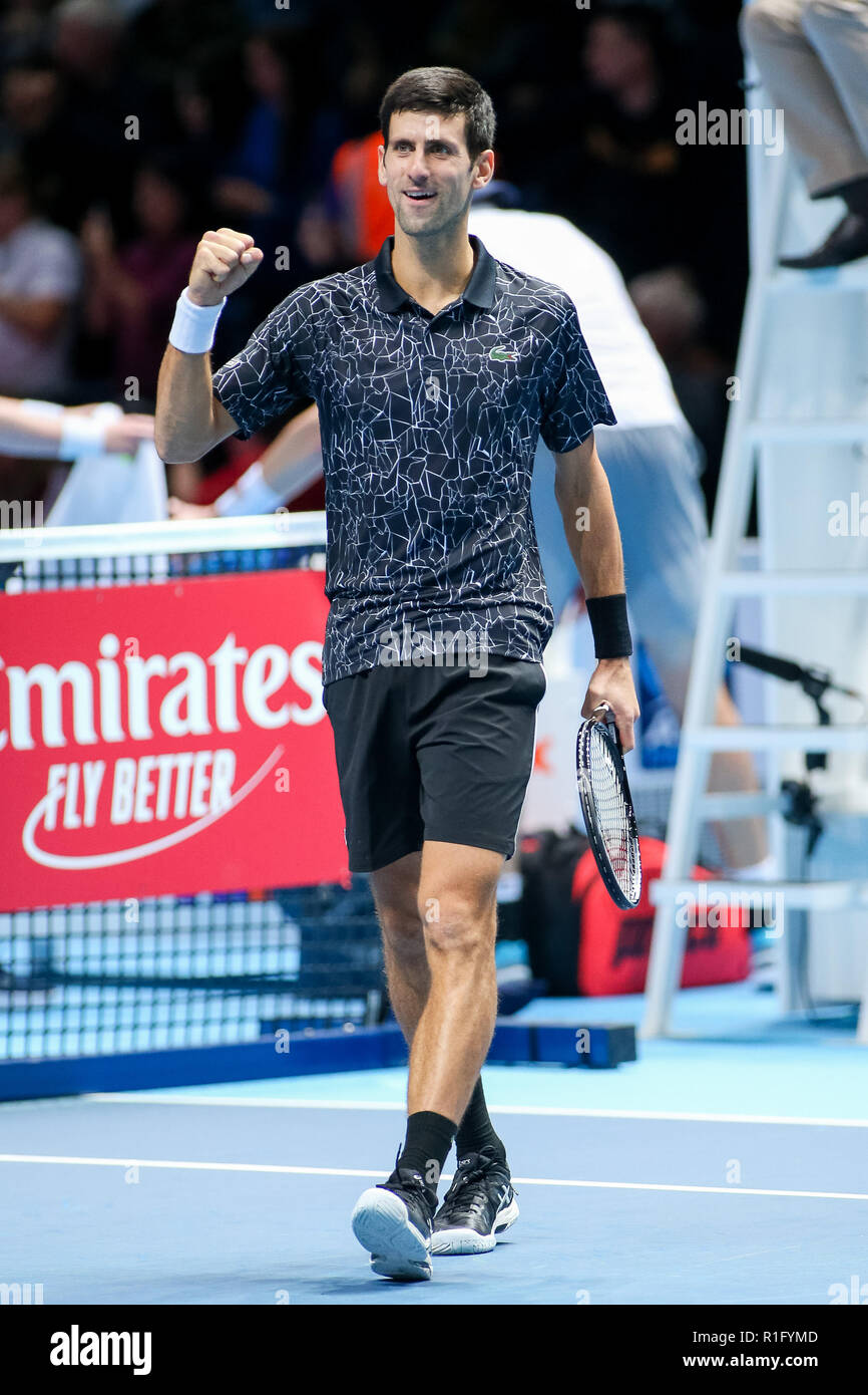 Novak Djokovic of Serbia celebrates after winning the mens singles match of the 2018 Nitto ATP Finals against John Isner of the United States at the O2 Arena in London, England on