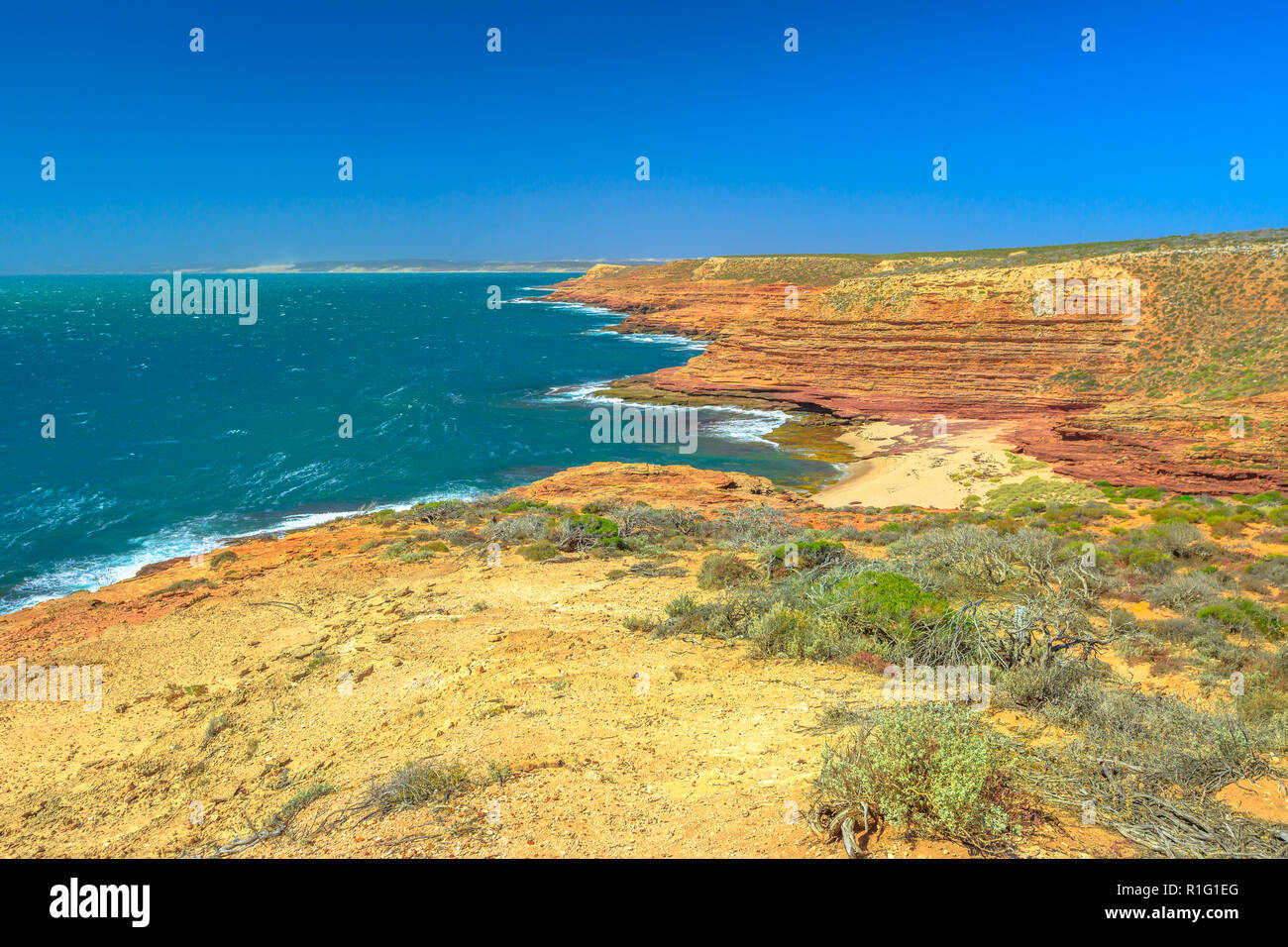 Aerial view of Pot Alley from Eagle Gorge Lookout in Kalbarri National Park, Western Australia. The ocean gorge shows spectacular ocean scenery amidst the rugged gorges. Coral coast, Indian Ocean. Stock Photo