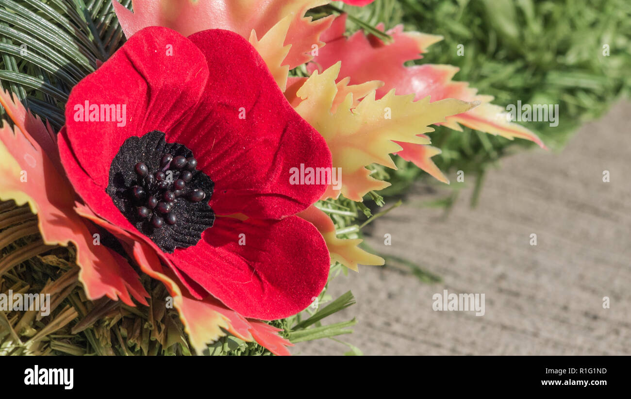 Wreaths full of poppies closeup on remembrance day in Canada, lest we forget. Stock Photo