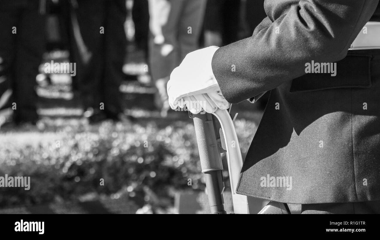 Gloved hands of a soldier honour guard at cenotaph on remembrance day ...