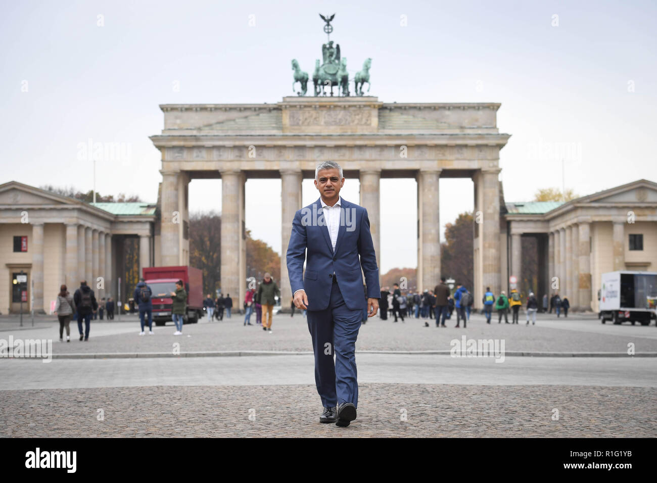 Mayor of London Sadiq Khan at the Brandenburg Gate in Berlin, Germany, during a three-day visit to European capitals where he will meet business leaders and politicians. Stock Photo