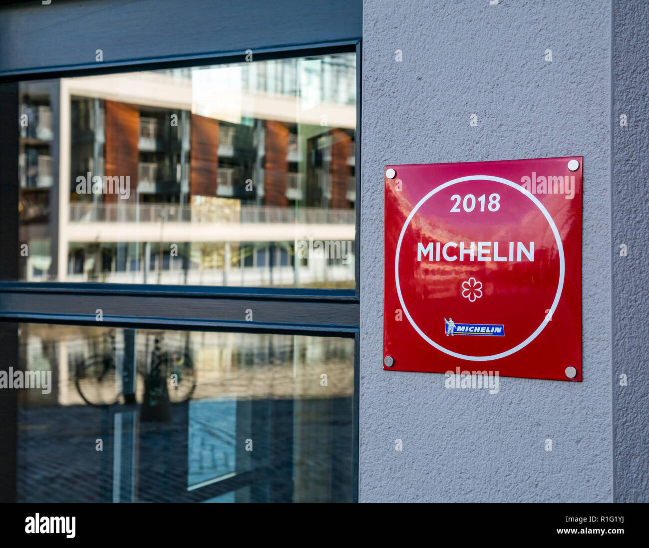 Front of Martin Wishart restaurant with 2018 Michelin star sign, The Shore, Leith, Edinburgh, Scotland, UK Stock Photo