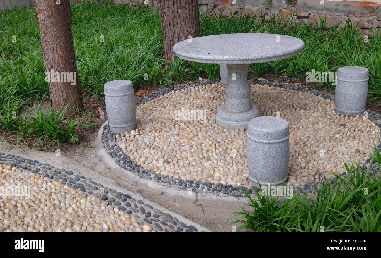 Set Stone Table And Benches In The Garden Chinese Style On The