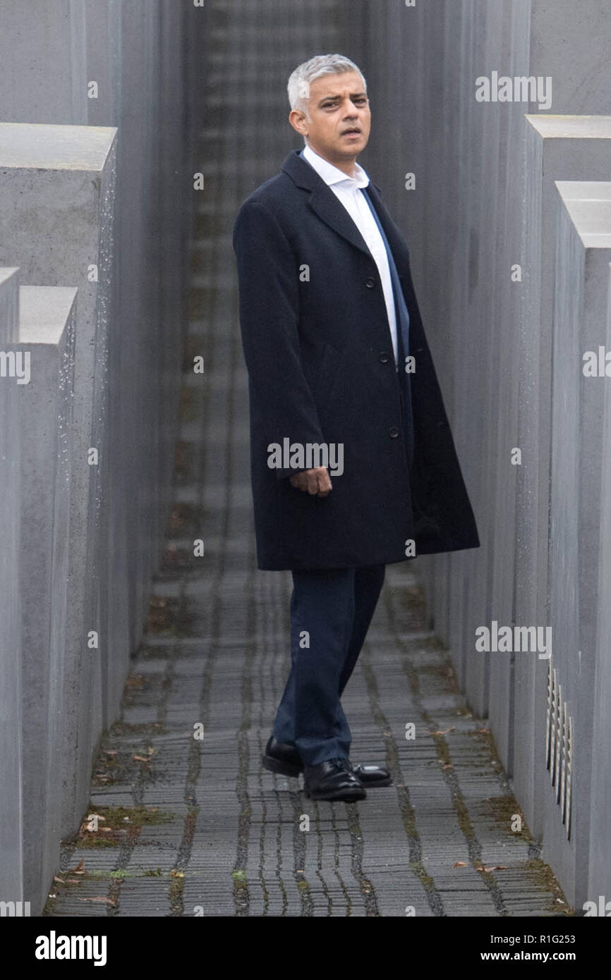Mayor of London Sadiq Khan pays his respects at the Memorial for Murdered Jews in Europe in Berlin, Germany, during a three-day visit to European capitals where he will meet business leaders and politicians. Stock Photo