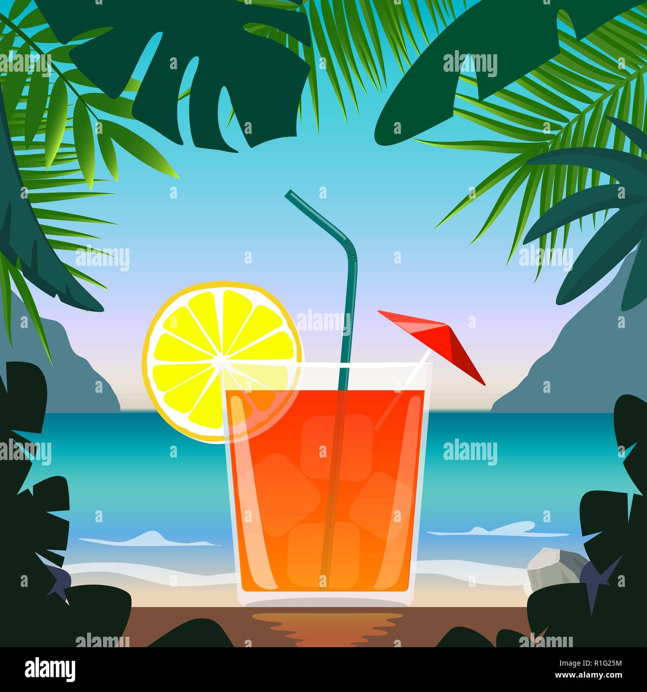 Exotic cocktail in beach bar on seashore. Cocktail with straw, lemon wedge and umbrella, surrounded by tropical leaves. Summer vacation concept. Beach Stock Vector