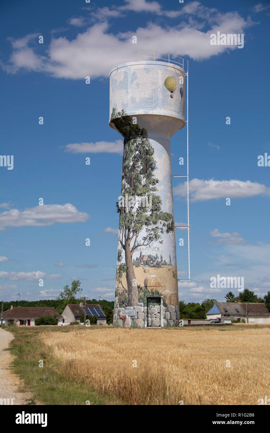 Hand painted French Water Tower with blue sky behind Stock Photo Alamy
