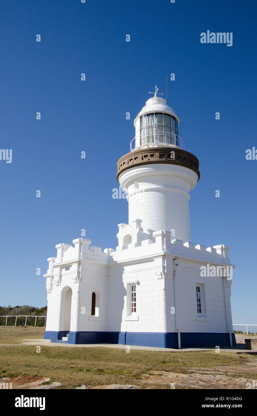 Historic Point Perpendicular Lighthouse marking the Northern entrance into Jervis Bay, NSW, Australia Stock Photo