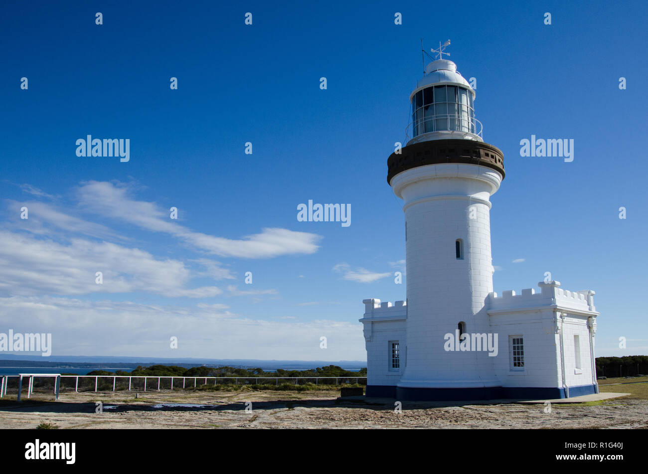 Historic Point Perpendicular Lighthouse marking the Northern entrance into Jervis Bay, NSW, Australia Stock Photo