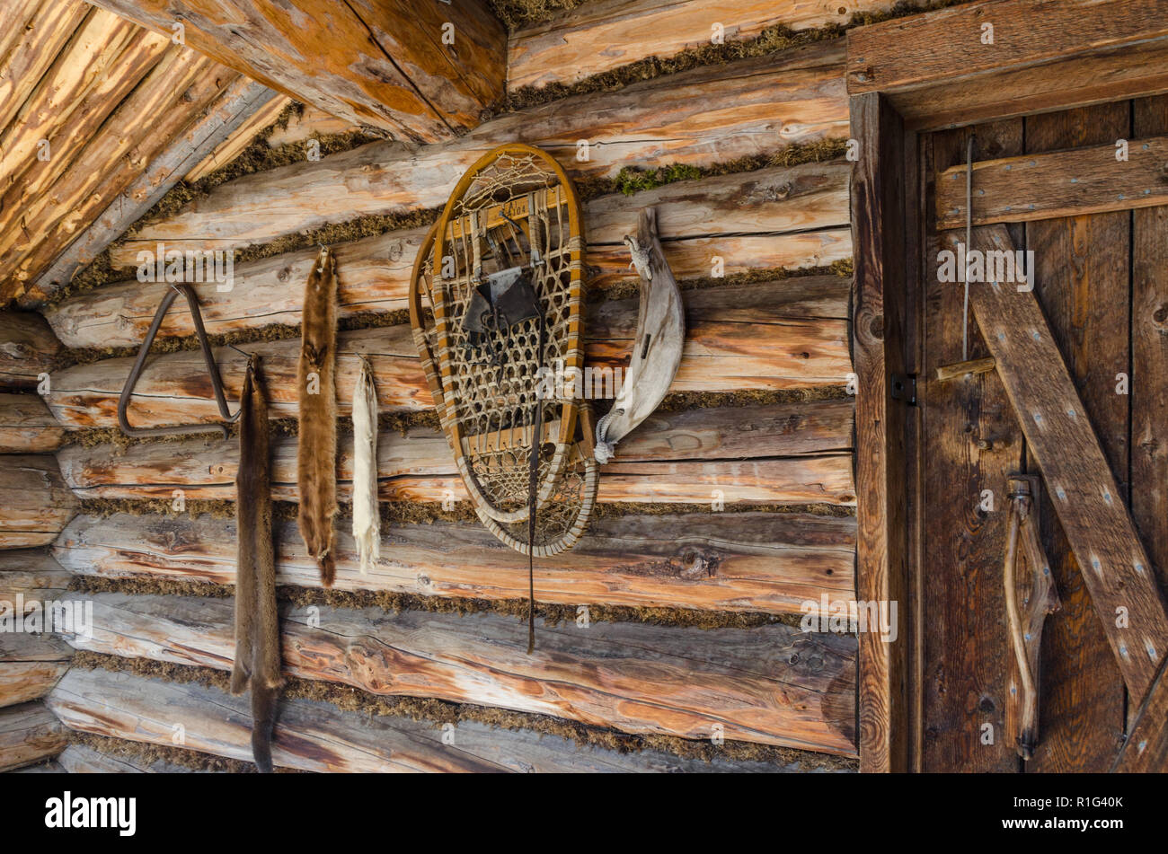 Closeup of exterior front porch of old rustic log cabin line snowshoes and animal furs. Frontier wilderness log cabin. Stock Photo