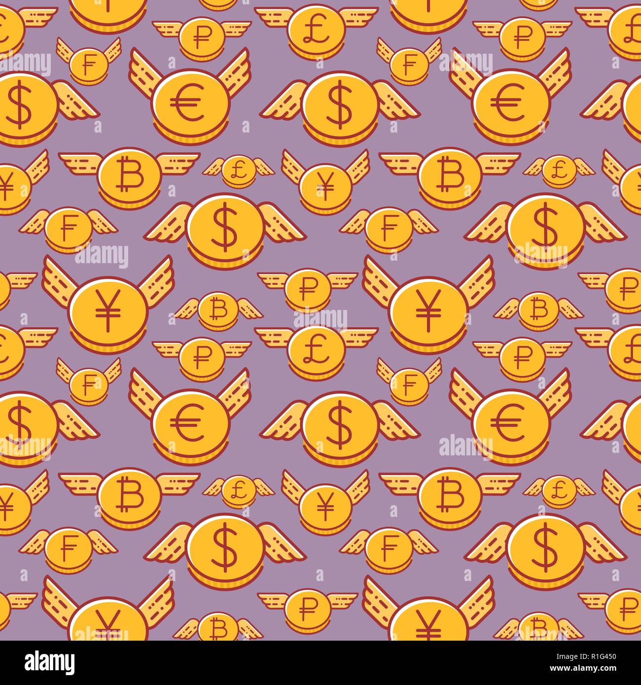 Currency coins with wings, seamless vector pattern Stock Vector