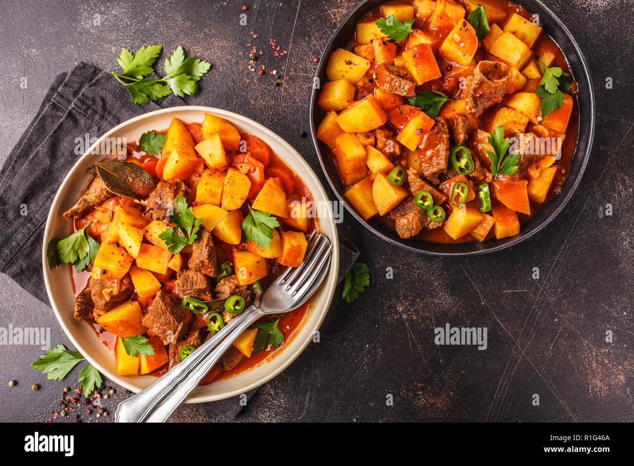 Beef stewed with potatoes in tomato sauce. Meat traditional goulash Stock Photo Alamy
