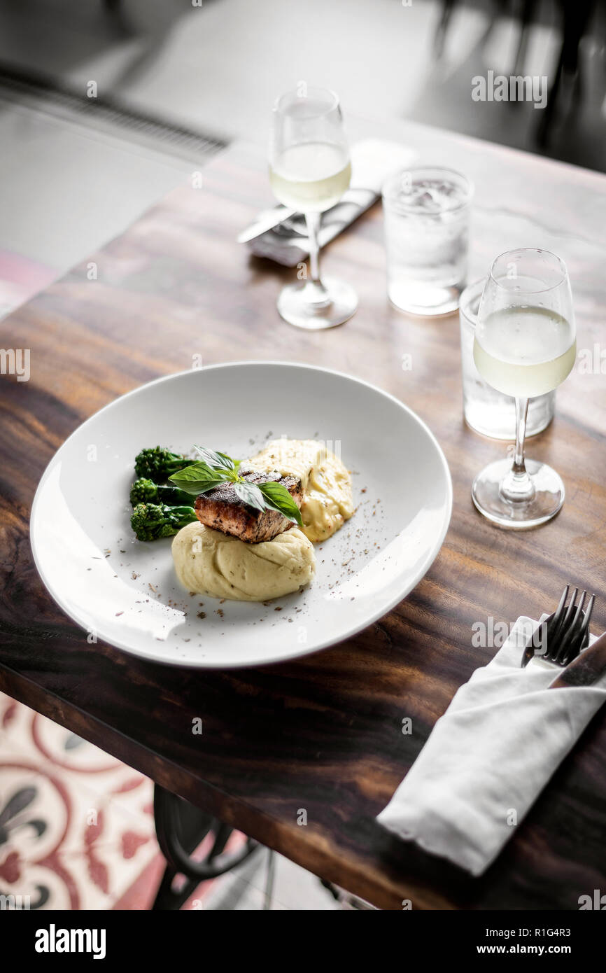 grilled salmon fish fillet with mashed potato and dijon mustard cream sauce Stock Photo Alamy