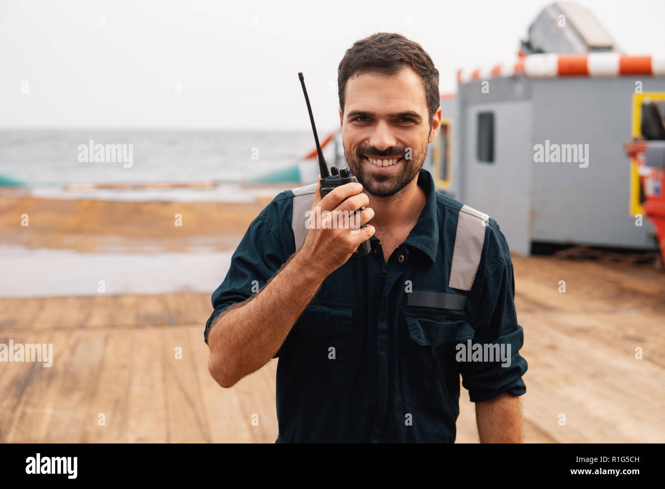 Marine Deck Officer or Chief mate on deck of vessel or ship Stock Photo