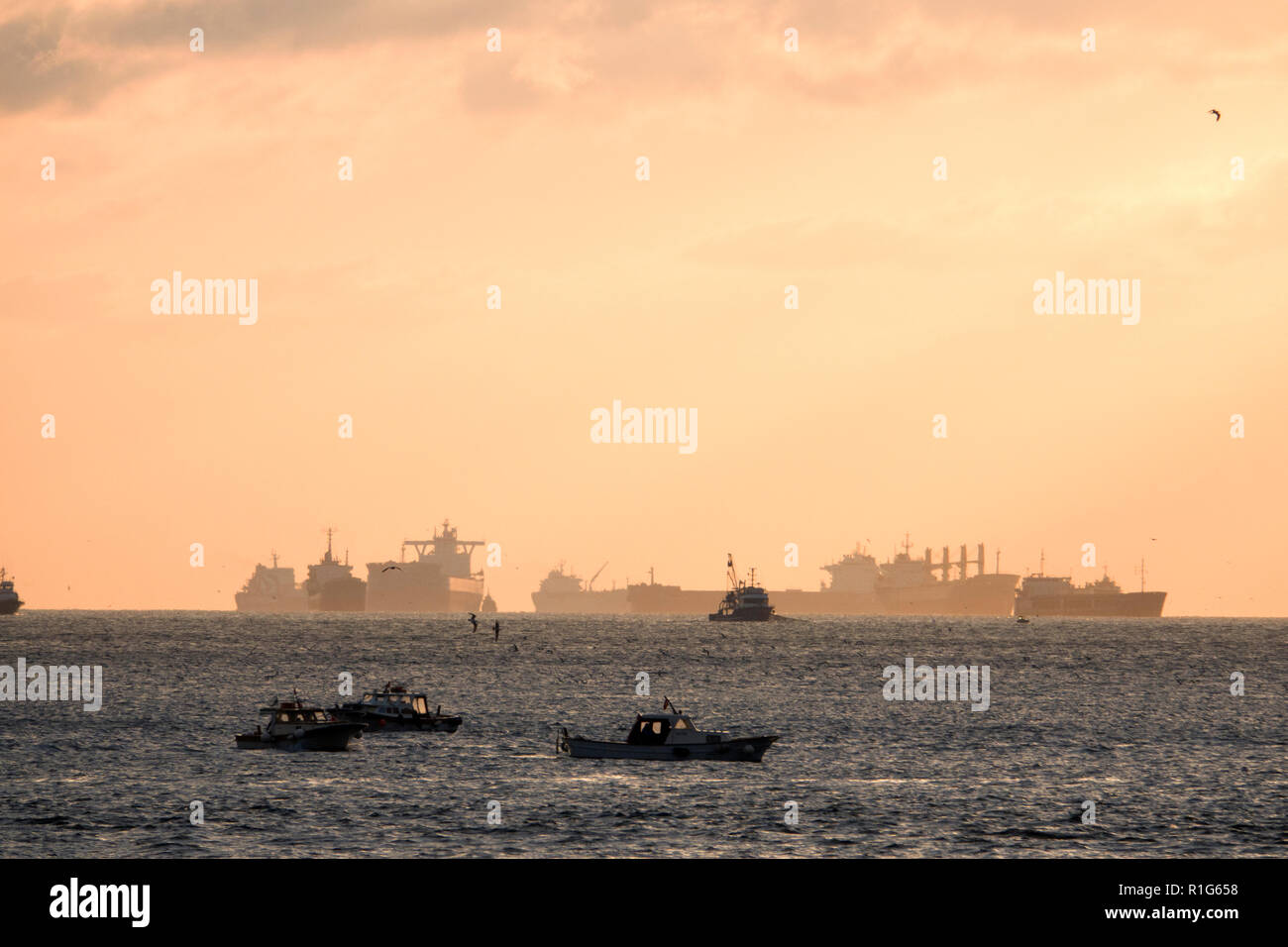 Ships and boats on the Bosphorus in Istanbul, Turkey Stock Photo