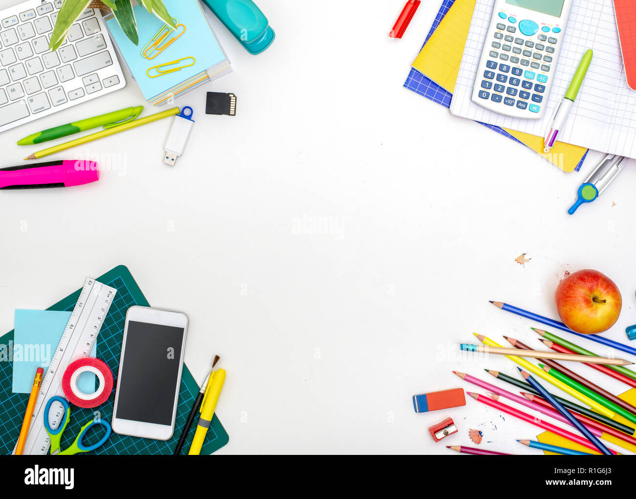 Back to school background header on white. Colorful school items. Stock Photo