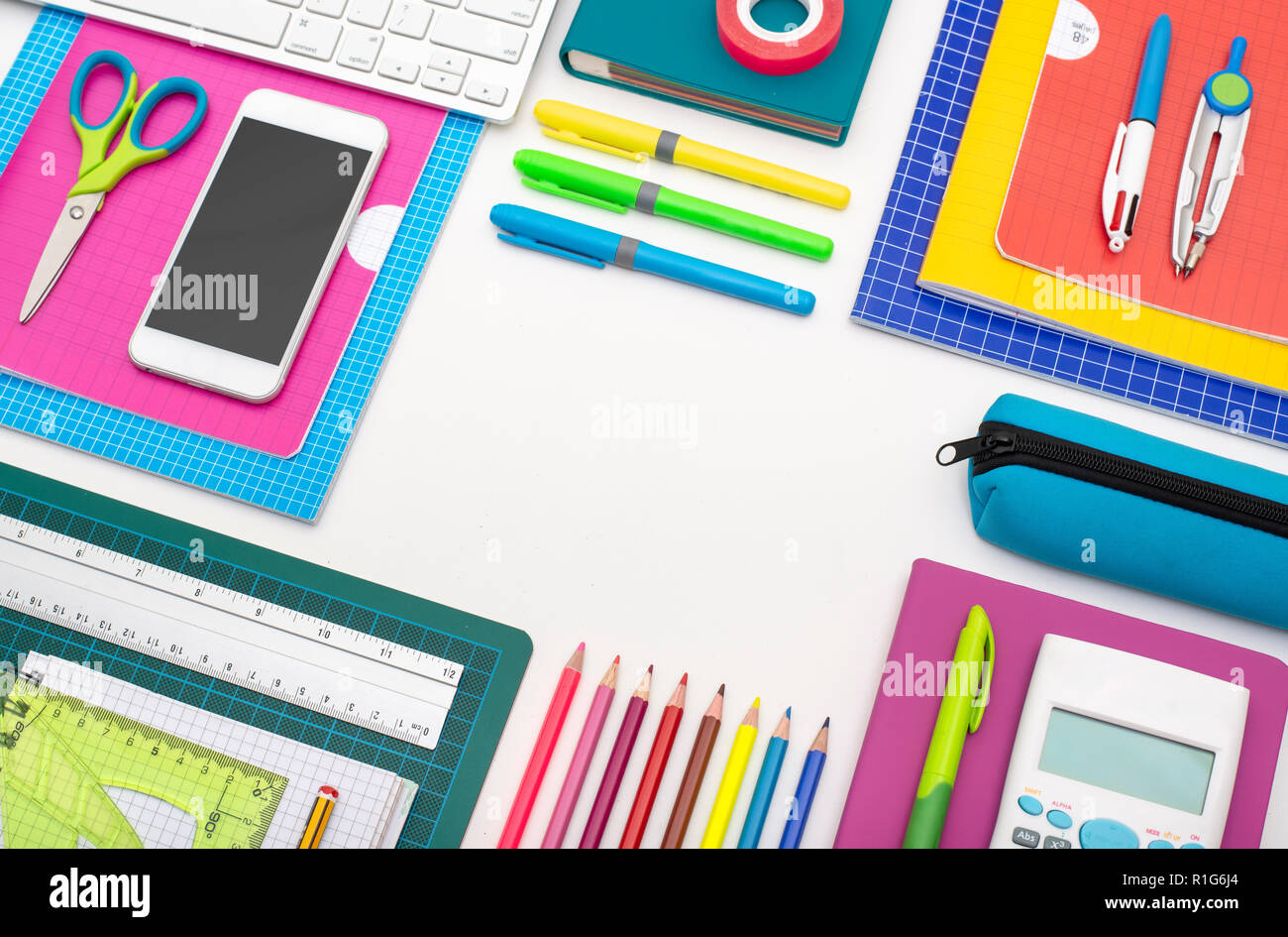 Back to school background header on white. Colorful school items. Mobile application web design template. Stock Photo