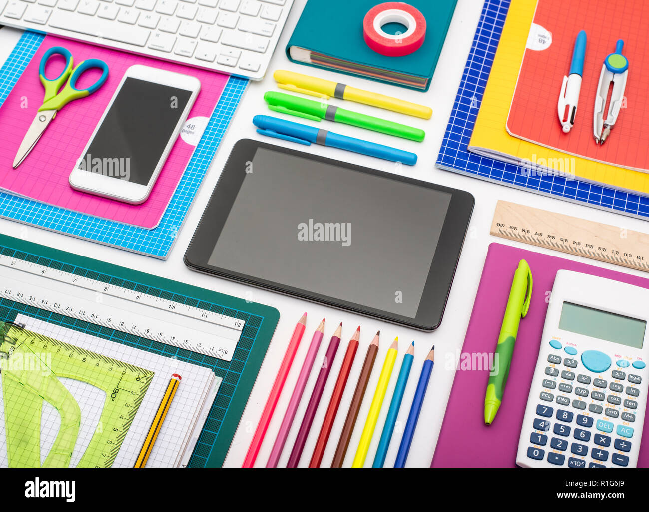 Back to school background header on white with digital tablet. Web design template. Stock Photo