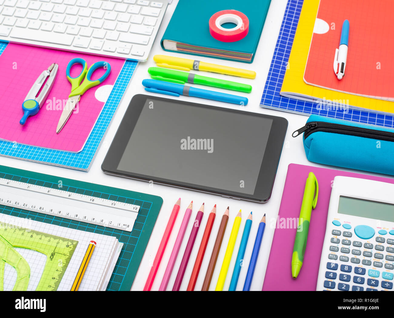 Back to school background header on white with digital tablet. Web design template. Stock Photo