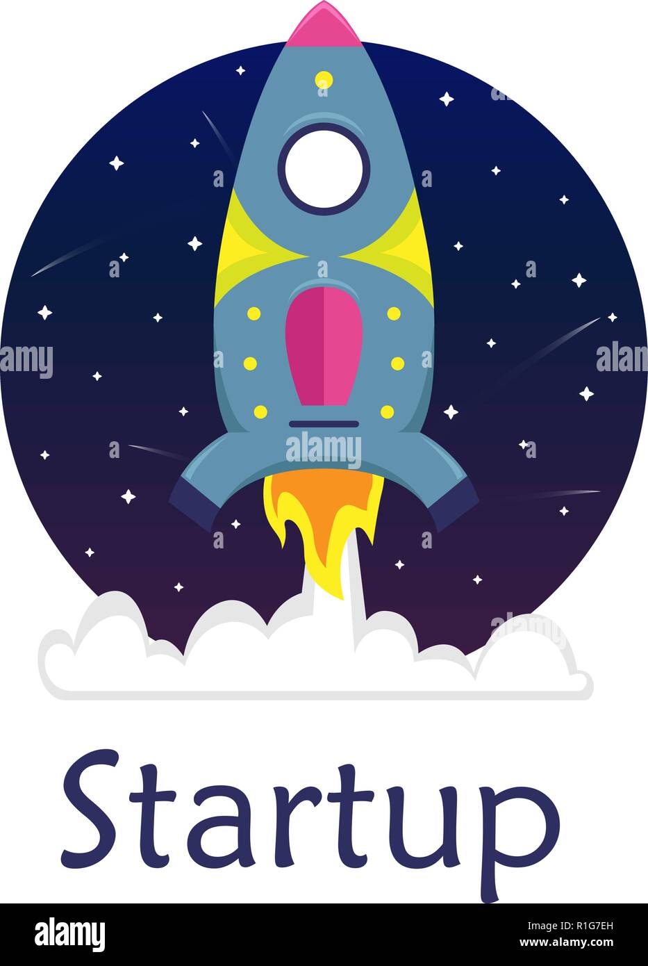 Flat bright cartoon spaceship in a starry sky. Startup Stock Vector Image &  Art - Alamy